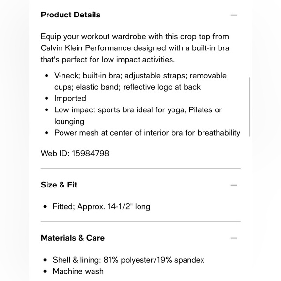 ⭐️ NWT - CALVIN KLEIN PERFORMANCE WOMENS LOW IMPACT CROP TOP - New with tags! - Picture 10 of 10